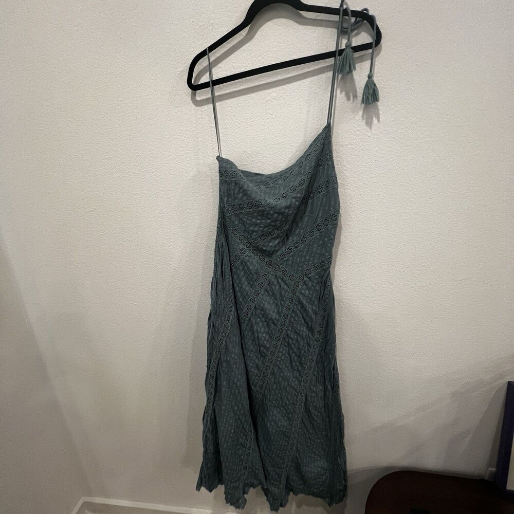 FREE PEOPLE BELLA Dress Boho One Shoulder Embroidery Maxi Green Blue Sz S